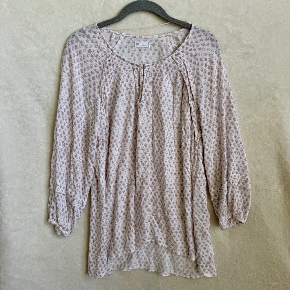 Gentle Fawn Cream Medallion Print Tie Neck Peasant Blouse Womens Size Medium